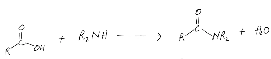 Chemical reaction diagram showing a carboxylic acid reacting with an amine to form an amide and water.
